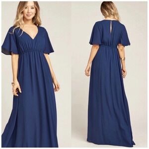 Show Me Your Mumu Navy Blue V-Neck Flutter Sleeve Gown Dress Bridesmaid Large